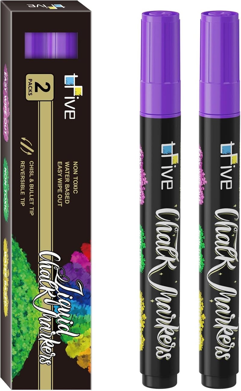 TFIVE Purple Liquid Chalk Markers - 2 Pack Bright Colors Erasable Chalk Marker Pens, Reversible Tip, Non-Toxic, for Chalkboards, Signs, Glass, Easy to use Chalk markers TF800 - Image 1